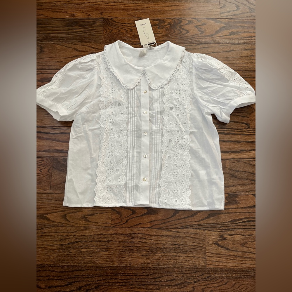 NWT Joie White Broderie Anglaise Eyelet Blouse With Crocheted Peter Pan Collar.